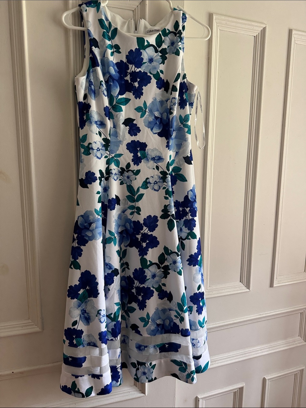Calvin Klein NWOT White Dress with Blue & Teal Floral Print